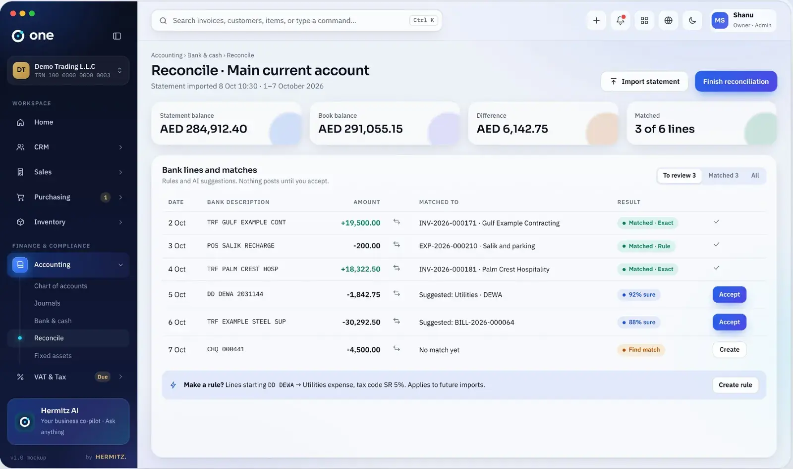 Bank reconciliation with suggested matches and confidence