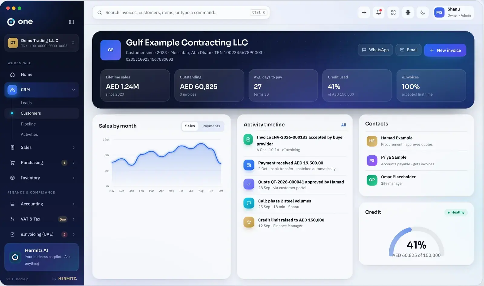 Customer 360 page with balance, activity and contacts
