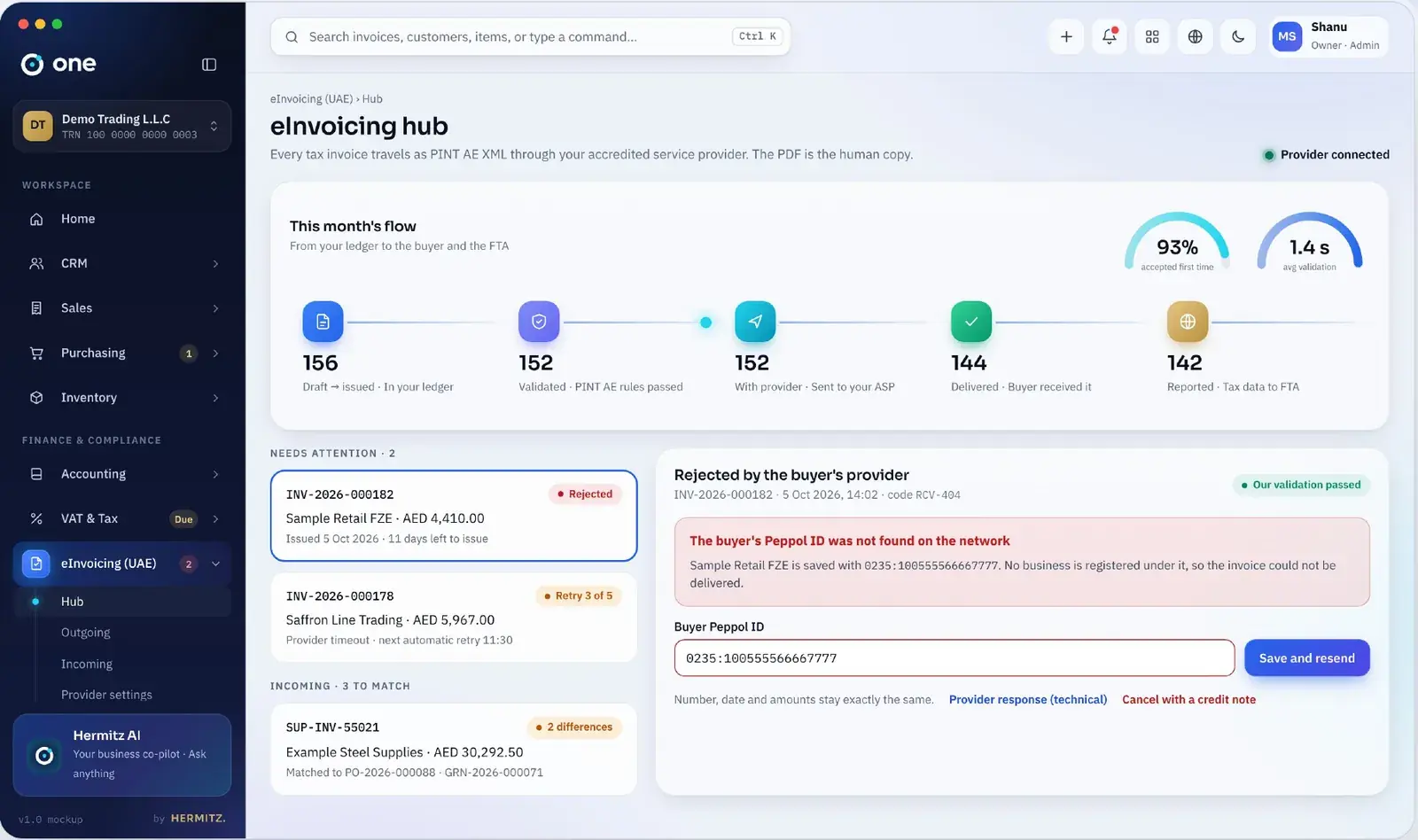 E-invoicing hub with delivery status, rejections and fixes