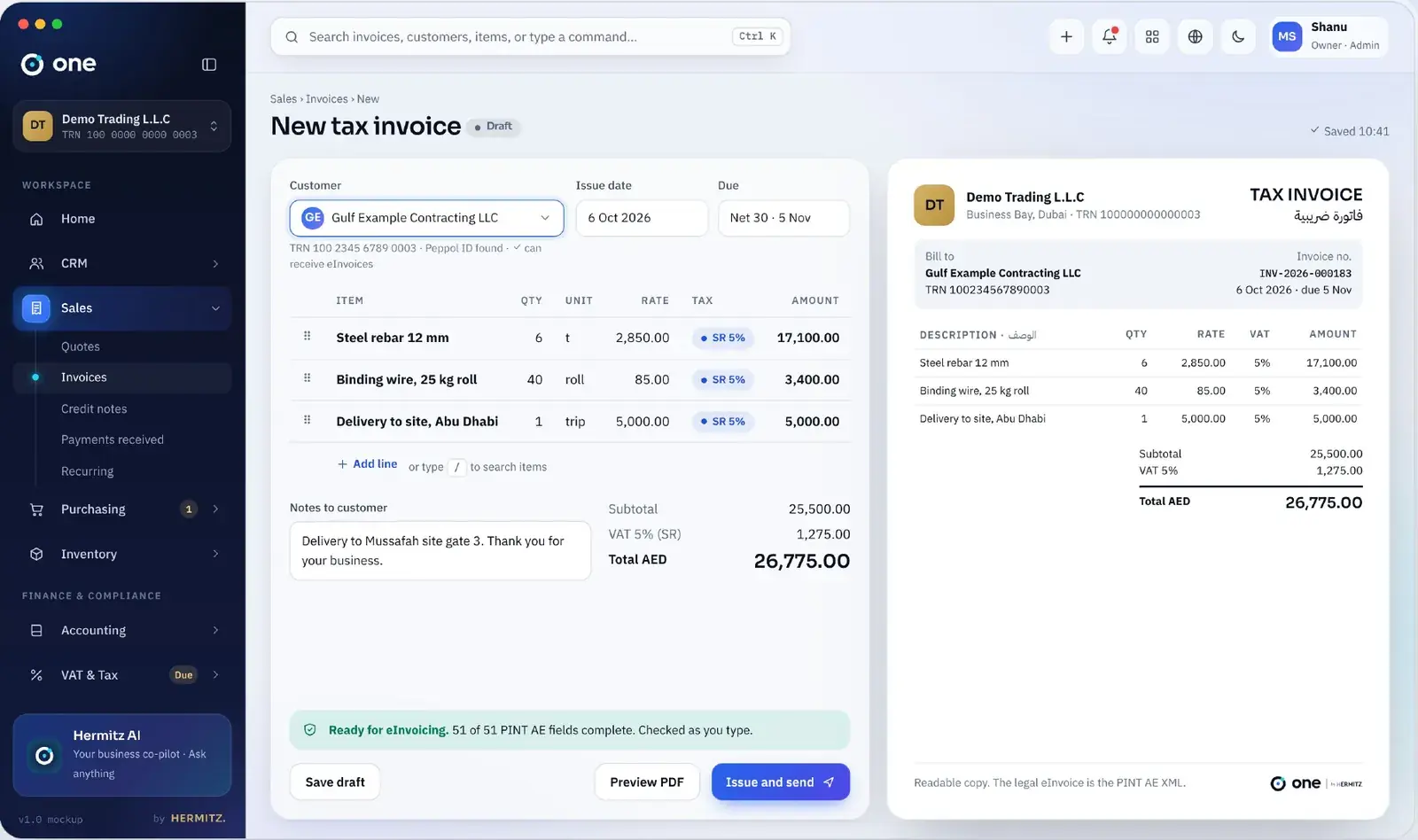 Tax invoice editor with live preview