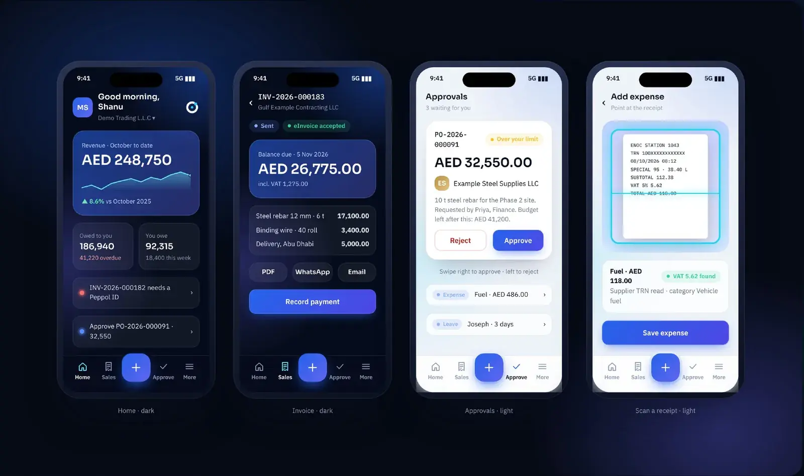 Mobile app screens: home, invoice, approvals and add expense