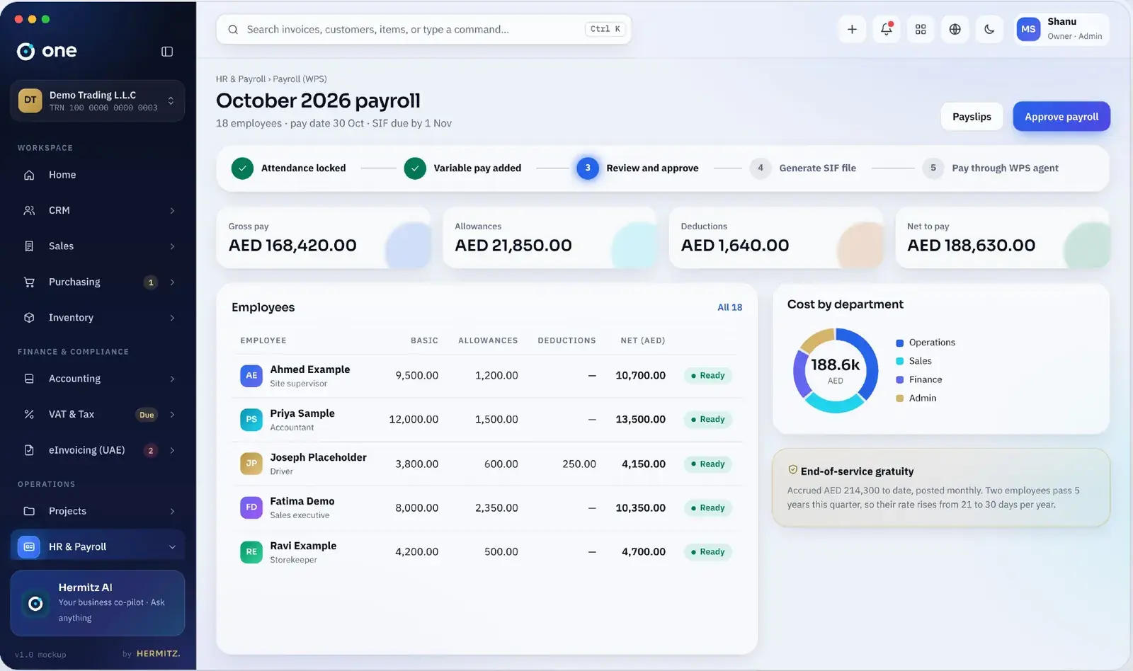 October payroll run with WPS steps and cost by department