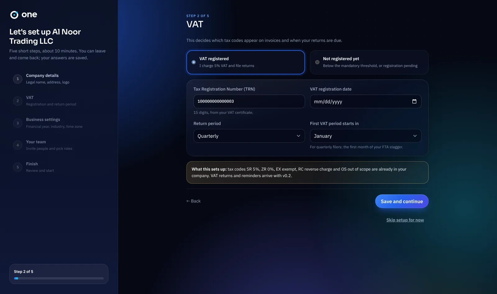 Company setup wizard in One by Hermitz